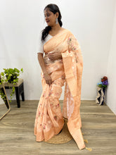 Modal Chanderi Golden Zari Floral Printed Soft Peach Saree
